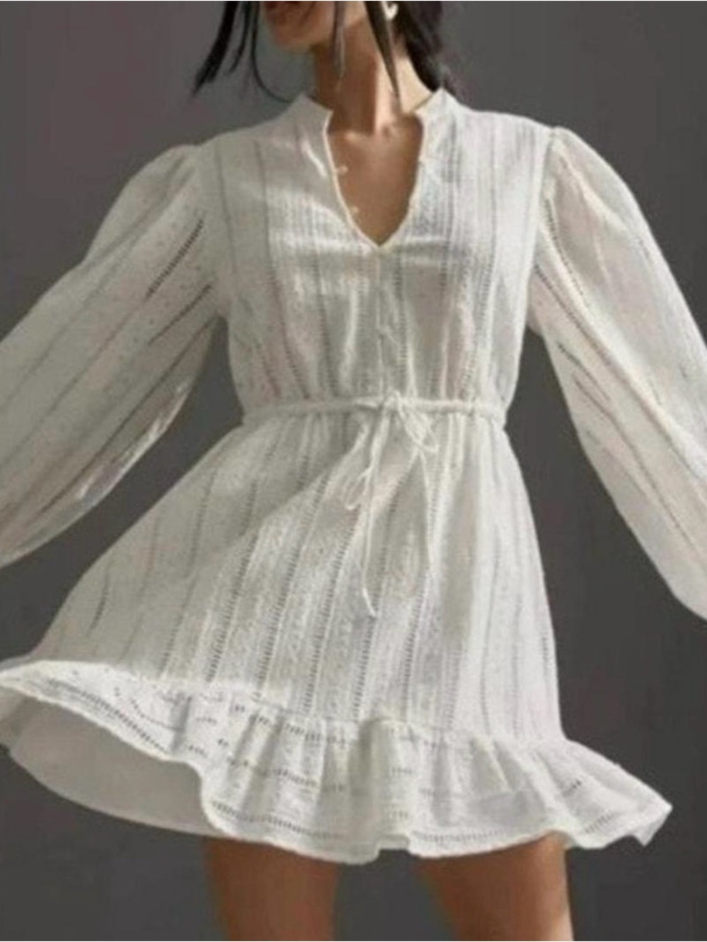 Anthropologue White Long-Sleeve Tie-Waist Mini Dress